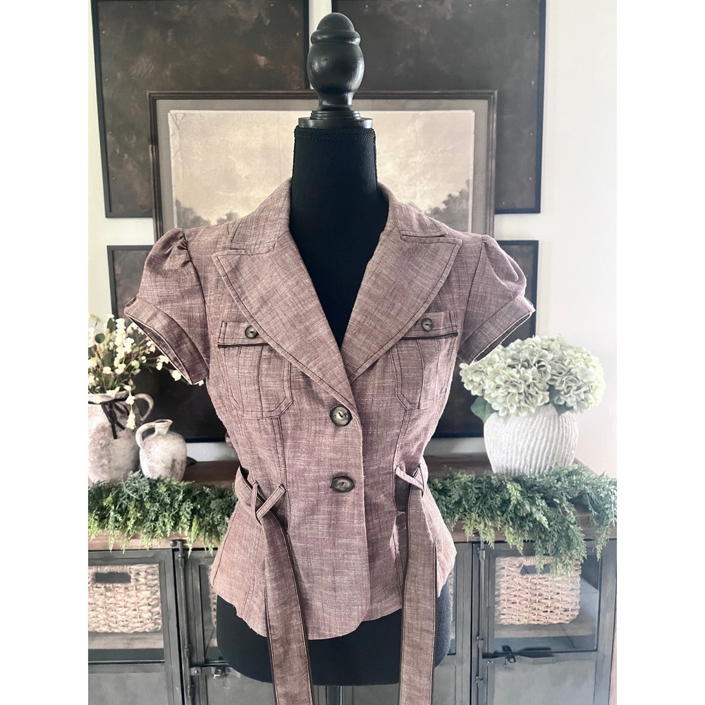 A. Byer Office Siren Short Sleeve Belted Blazer Jacket Puff Sleeve Utility Top M - Picture 2 of 6
